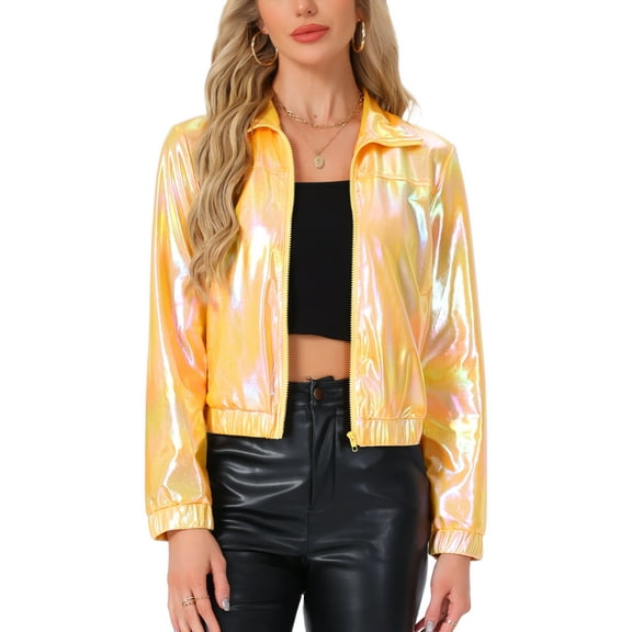INSPIRE CHIC Women's Holographic Shiny Party Long Sleeve Lightweight Zipper Metallic Jacket S Yellow