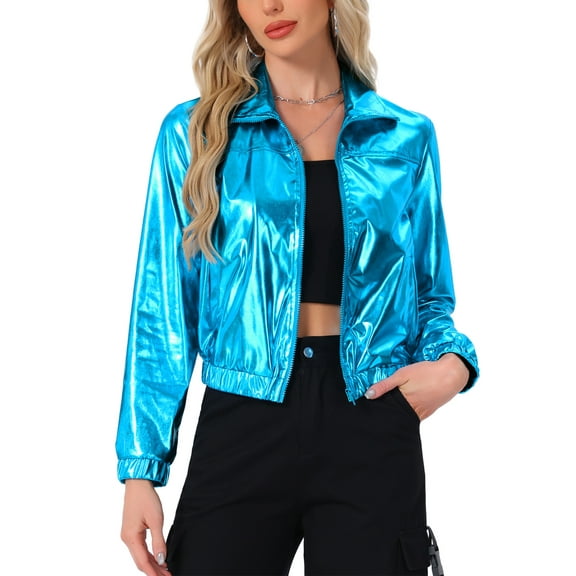 INSPIRE CHIC Women's Holographic Shiny Party Long Sleeve Lightweight Zipper Metallic Jacket XS Medium Blue