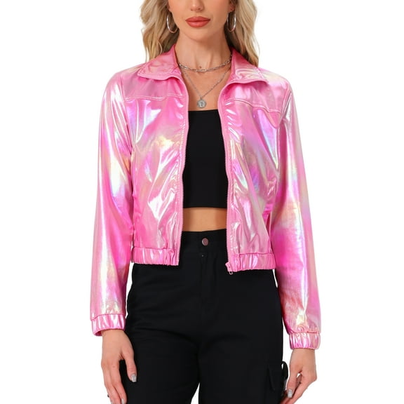 INSPIRE CHIC Women's Holographic Shiny Party Long Sleeve Lightweight Zipper Metallic Jacket XS Pinks