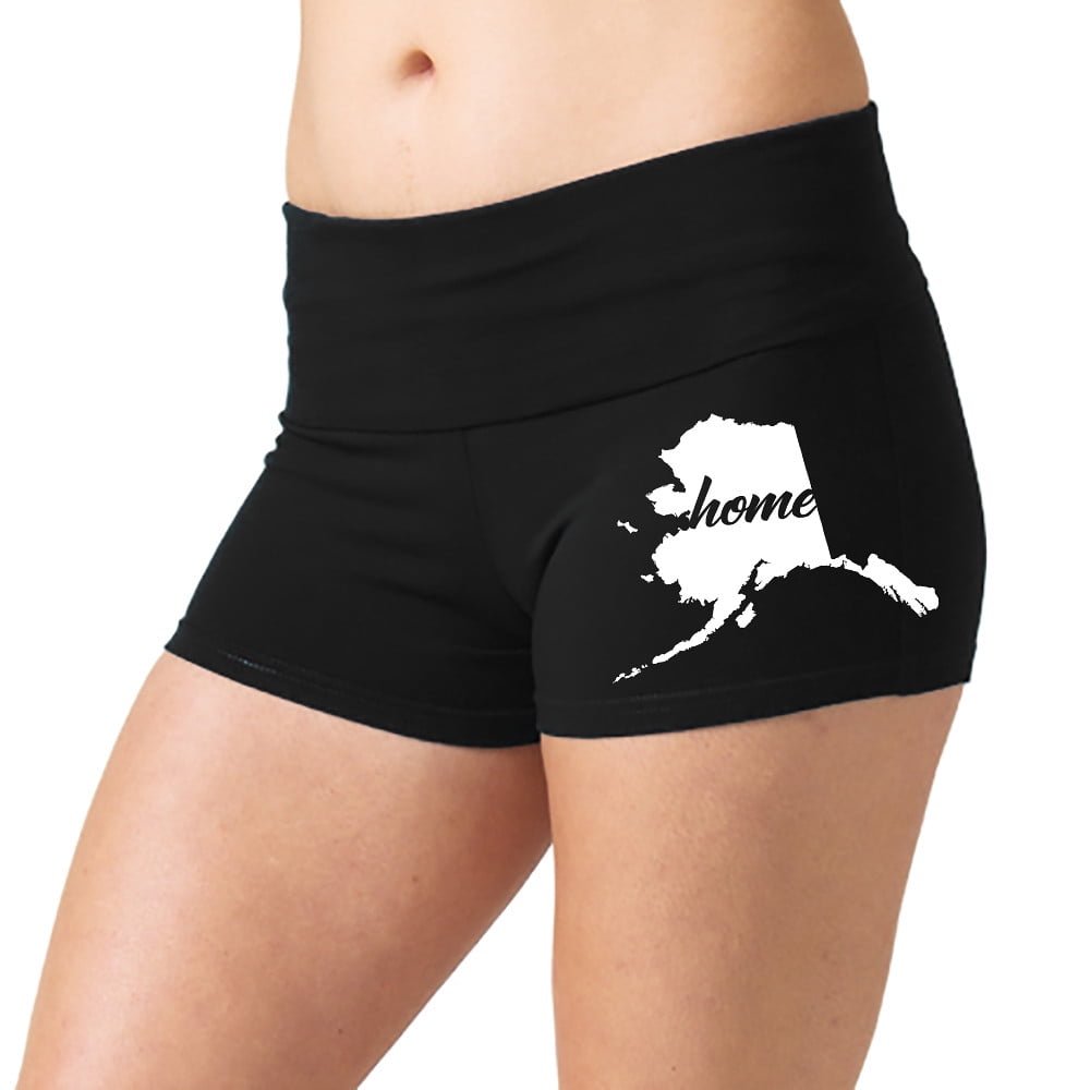 Women's Home Alaska Map V340 Black Yoga Workout Booty Shorts Small 