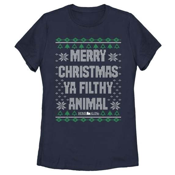 Women's Home Alone Merry Christmas Ugly Sweater Graphic Tee Navy Blue X Large