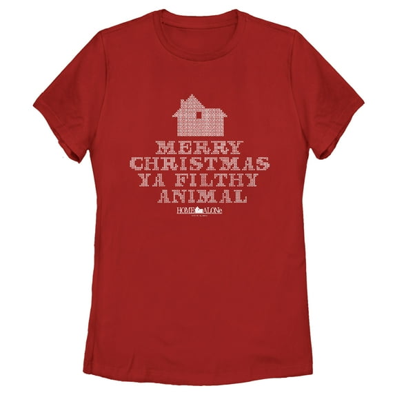 Women's Home Alone Merry Christmas Ya Filthy Animal Cross Stitch Graphic Tee Red Large