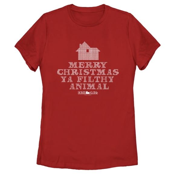 Women's Home Alone Merry Christmas Ya Filthy Animal Cross Stitch Graphic Tee Red Small