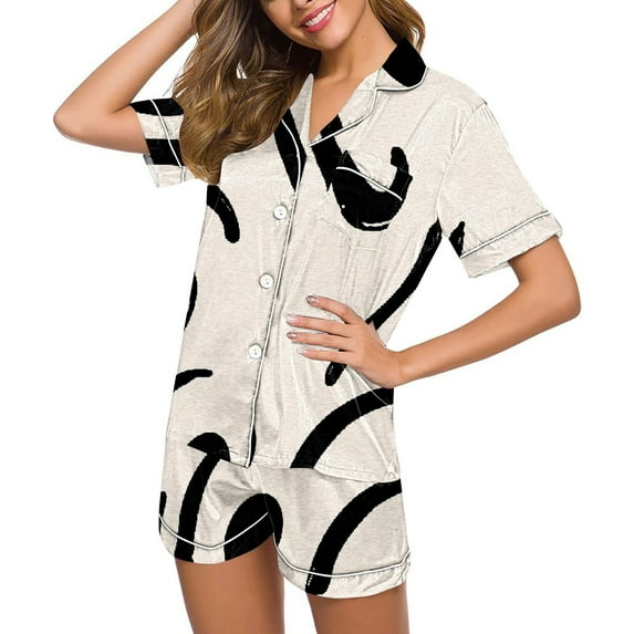 Women's Home Casual Print Button Up Lapel V Neck Top and Shorts Pocket Short Sleeve Shorts Pajamas Set 2pc Sleepwear LoungewearMulticolor,XL