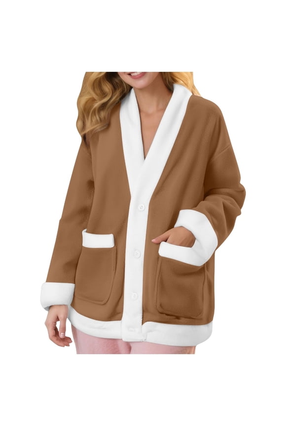 () Women's Home Clothes Top Flannel Button Pajamas Shirt Plush Home Warm Winter with Pockets