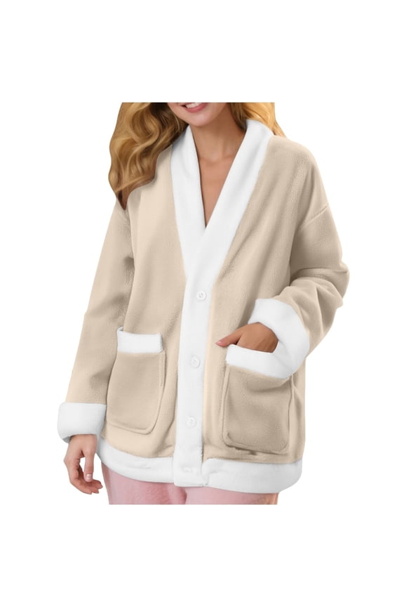 () Women's Home Clothes Top Flannel Button Pajamas Shirt Plush Home Warm Winter with Pockets