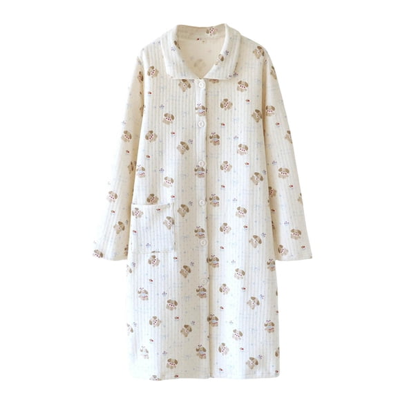 Women's Home Wear Button Down Lapel Long Sleeve Print Bathgown Soft Casual Fall Winter Nightgown With Pockets (L, Beige)