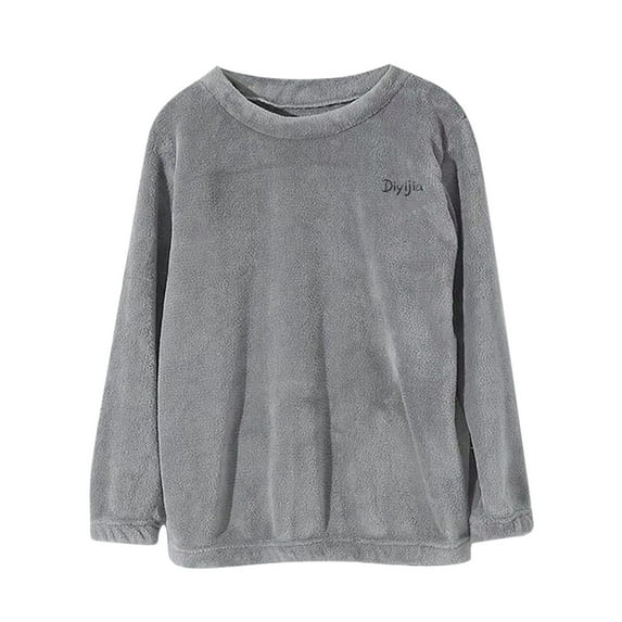 Women's Home Wear Crew Neck Long Sleeve Solid Color Pullover Thicken Thermal Coral Fleece Fall Winter Pajama Tops (L, Gray)