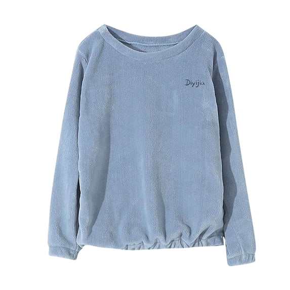 Women's Home Wear Crew Neck Long Sleeve Solid Color Pullover Thicken Thermal Coral Fleece Fall Winter Pajama Tops (S, Blue)