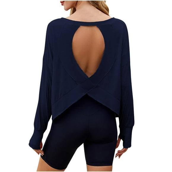 Women's Home Yoga Top Fashion Long Sleeve Thumb Cover Backless Shirts Spring Summer Solid Color Casual Loose Blouses Round Neck Pullover Top Navy S