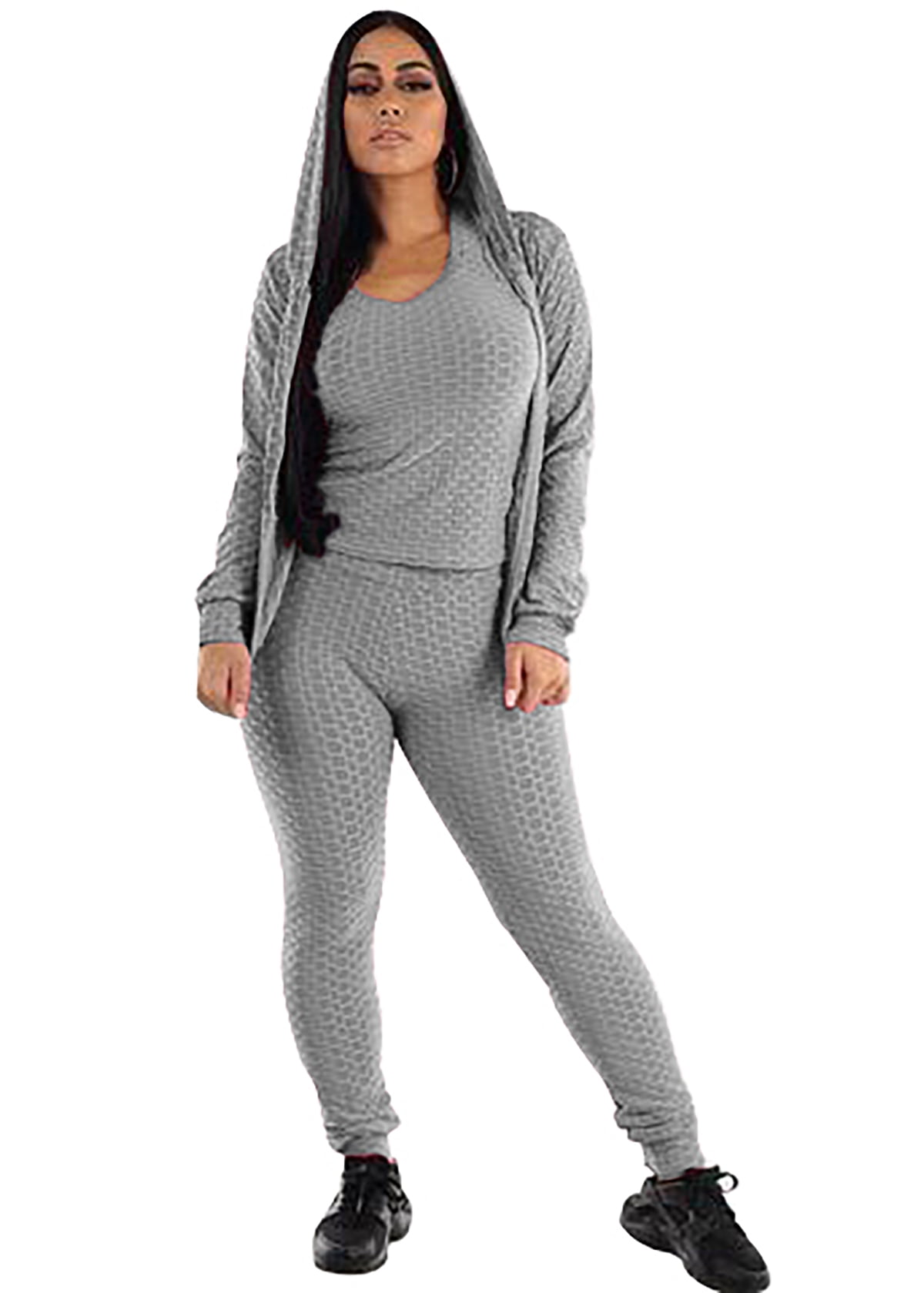 Women's Honeycomb Bubble Activewear Shapewear 3 Piece Hooded Track Jacket  Leggings Set 