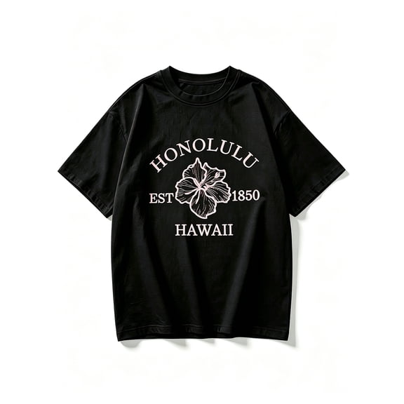 Women's Honolulu Hawaii Hibiscus Flower Graphic T-Shirt Black Crew Neck Short Sleeve Casual Top