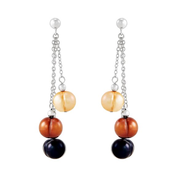 Women's Honora 8-9mm Lynx Freshwater Cultured Ringed Pearl Chain Drop Earrings in Sterling Silver