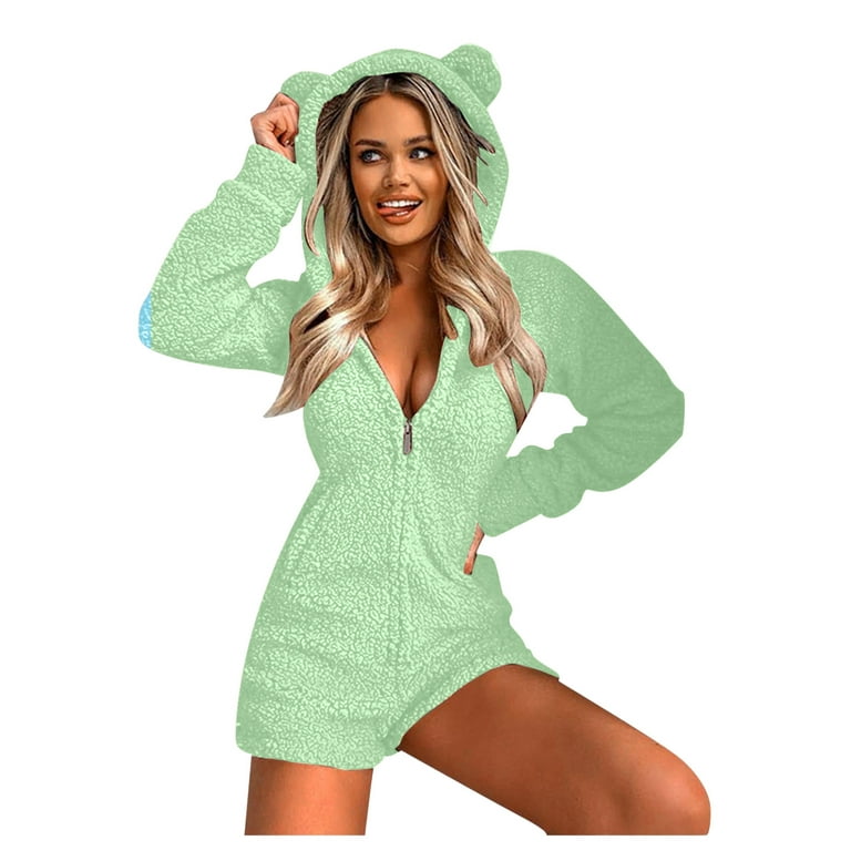 Pajamas for Women Plush Hooded Jumpsuit Casual Winter Warm Long Sleeve  Fleece Cute Bear Ear Cap Romper Sleepwear