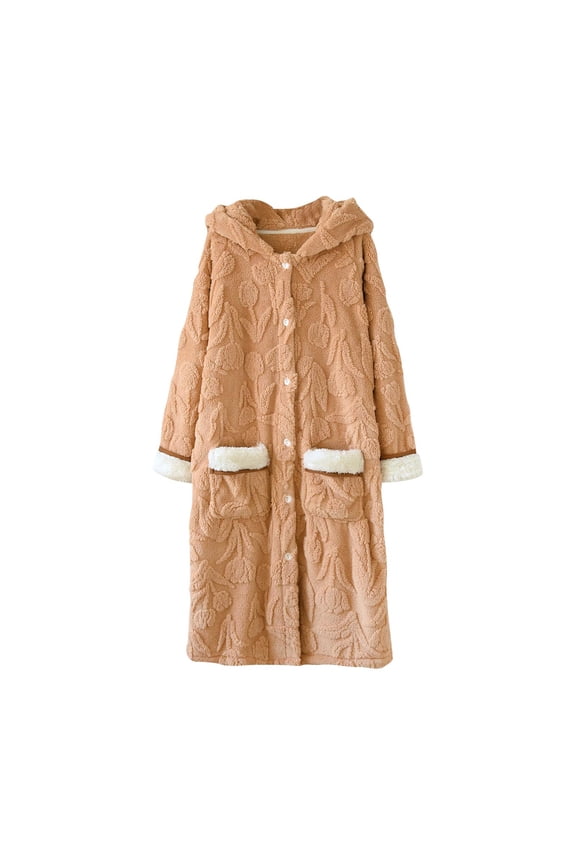 Women's Hooded Bathrobe Flora Long Sleeve Button Down Cardigan Pockets with Pockets Orange M