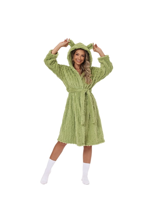 Women's Hooded Bathrobe Warmth Plush Loungewear Soft Long Spa Robe Lightweight Fluffy Cozy Shower Bathrobes with Bear Ear and Belt 2025 Fall Sleepwear