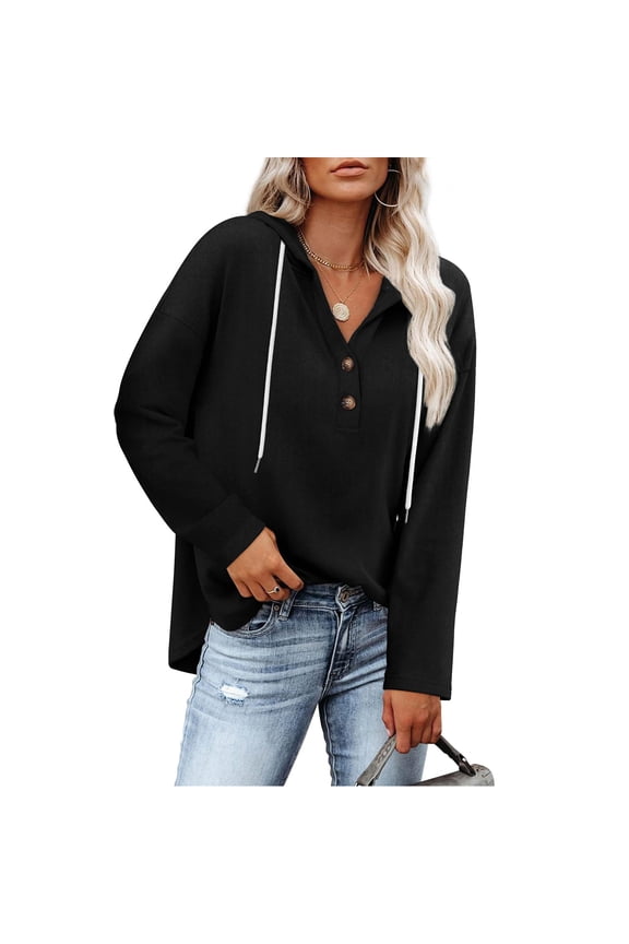 Women's Hooded Blouse Long Sleeve with Button Front and Drawstring, Casual Polyester Spandex Blend Top for Daily Wear and Comfort