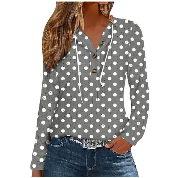 Women's Hooded Blouses Button V-Neck Casual Long Sleeve Hoodies Sweatshirt Lightweight Eyelet Pullover Cute Shirts Hooded Sweatshirt Women Gray S