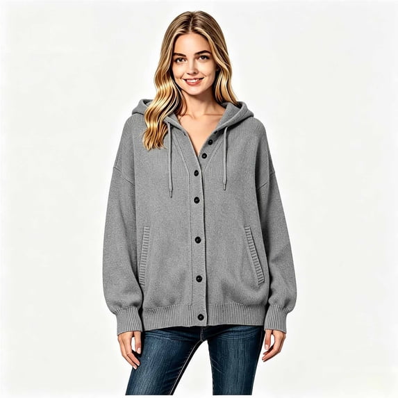 Women’s Hooded Button Down Knit Cardigan, Long Sleeve Knit Outerwear Sizes S-3XL