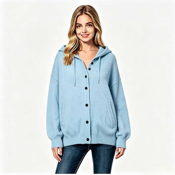 Women’s Hooded Button Down Knit Cardigan, Long Sleeve Knit Outerwear Sizes S-3XL