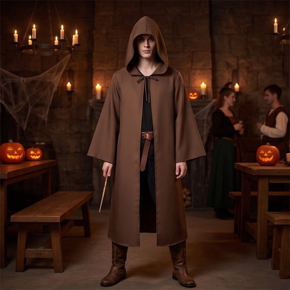 Women's Hooded Cape Halloween Costume Medieval Grim Reaper Cloak with Tie Closure and Cape Sleeves Polyester Hooded Robe for Cosplay Parties Coffee