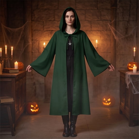 Women's Hooded Cape Halloween Costume Medieval Grim Reaper Cloak with Tie Closure and Cape Sleeves Polyester Hooded Robe for Cosplay Parties Green