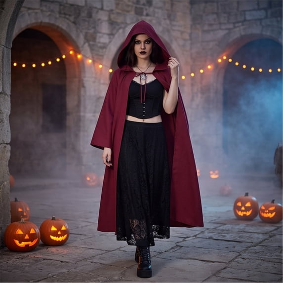 Women's Hooded Cape Halloween Costume Medieval Grim Reaper Cloak with Tie Closure and Cape Sleeves Polyester Hooded Robe for Cosplay Parties Wine
