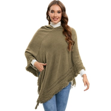 Women's Hooded Cape with Fringed Hem Crochet Poncho Knitting Patterns Sweater Pullover