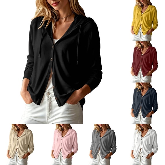 Women's Hooded Cardigan Button Down Long Sleeve Lightweight Knit Sweater Open Front Casual Daily Wear Tops