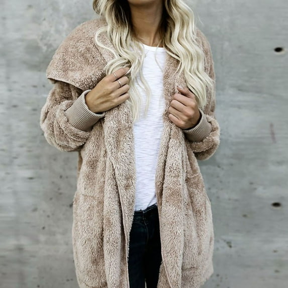 Women's Hooded Cardigan Fuzzy Jacket Winter Open Front Fleece Coat Outwear with Pockets Winter Cozy Lounge Outerwear with Hood