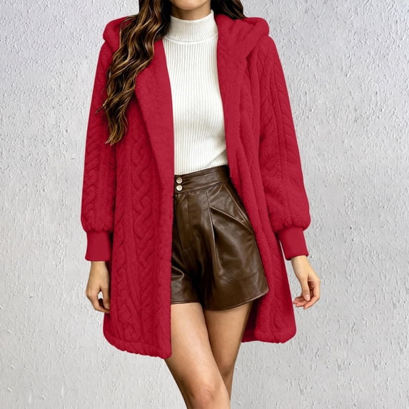 Women's Hooded Cardigan Jacket Long Loose Open Front Fleece Coat Fall Winter Cable Knit Causal Jacket, XL