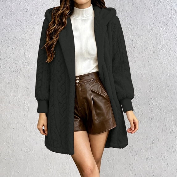 Women's Hooded Cardigan Jacket Long Loose Open Front Fleece Coat Fall Winter Cable Knit Causal Jacket, XL