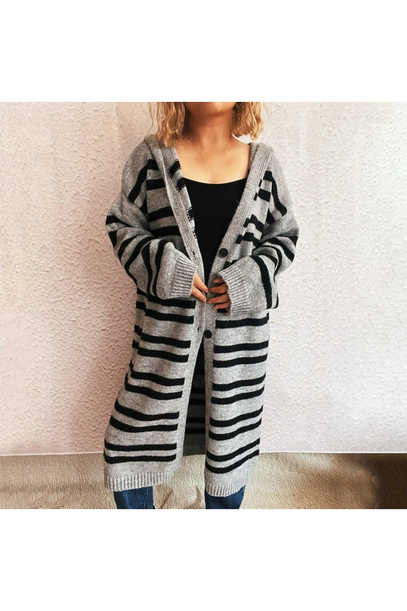 Women's Hooded Cardigan, Long Sleeve Striped Button Up Sweater with V-Neck, Lightweight Casual Open Front Cover Up for Everyday Wear, Loose Fit Loungewear