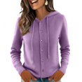 thumbnail image 1 of Women's Hooded Cardigan Sweater Long Sleeve Button Front Knit Casual Open Front Cardigans with Drawstring Purple M, 1 of 6