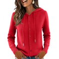 thumbnail image 1 of Women's Hooded Cardigan Sweater Long Sleeve Button Front Knit Casual Open Front Cardigans with Drawstring Red L, 1 of 6