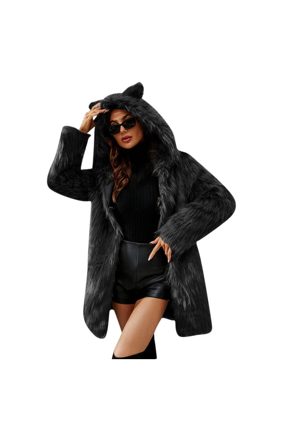 Women's Hooded Cat Ear Cap Coat Winter Warm Puffy Jacket Fluffy Women's Coat Jackets Long Sleeve Hoodies Mid Long Warm Plush Overcoat