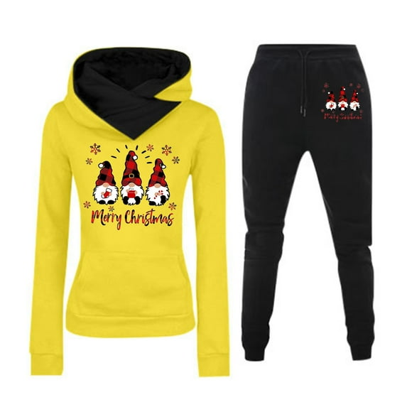 Women's Hooded Christmas Print Sweatshirt Tracksuit Set Long Sleeve Sporty Outfit Cozy Winter Pants Suit