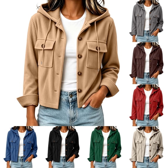 Women's Hooded Corduroy Jacket Button Down Drawstring Solid Color Long Sleeve Coat with Pockets Relaxed Fit Casual Fall Outerwear
