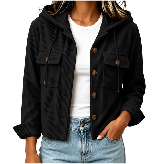 Women's Hooded Corduroy Jacket Button Down Drawstring Solid Color Long Sleeve Coat with Pockets Relaxed Fit Casual Fall Outerwear