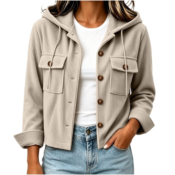 Women's Hooded Corduroy Jacket Button Down Drawstring Solid Color Long Sleeve Coat with Pockets Relaxed Fit Casual Fall Outerwear