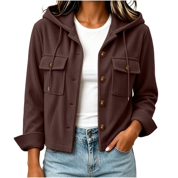 Women's Hooded Corduroy Jacket Button Down Drawstring Solid Color Long Sleeve Coat with Pockets Relaxed Fit Casual Fall Outerwear