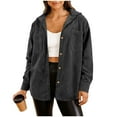 thumbnail image 1 of Women’s Hooded Corduroy Shacket Long Sleeve Button Down Boyfriend Style Jacket Loose Fit Fall Casual Outerwear with Pockets Plus Size Available,Black,M, 1 of 9