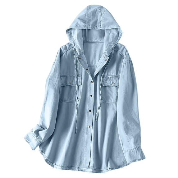 Women's Hooded Denim Shacket Oversized Button Down Long Sleeve Hoodie Jacket with Pockets Relaxed Fit Casual Coat for Daily Commute Weekend Outings