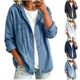 thumbnail image 1 of Women's Hooded Denim Shacket Oversized Button Down Long Sleeve Hoodie Jacket with Pockets Relaxed Fit Casual Coat for Daily Commute Weekend Outings, 1 of 10