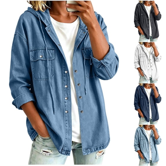 Women's Hooded Denim Shacket Oversized Button Down Long Sleeve Hoodie Jacket with Pockets Relaxed Fit Casual Coat for Daily Commute Weekend Outings