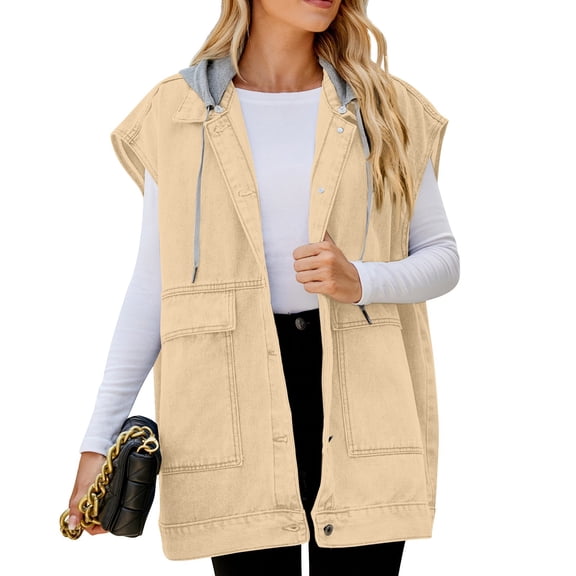 Women's Hooded Denim Vest Jacket, Oversized Distressed Wash with Front Pockets, 90s Grunge Style for Concerts, Streetwear & LayeringKhakiM