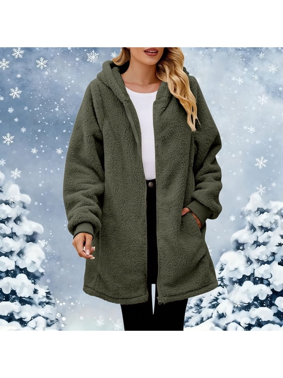Women's Hooded Double Sided Fleece Coat, Mid Length Plush Jacket, Full Zip Front Long Sleeve Outerwear, Soft Brushed Lining Casual Coat, Warm Everyday Wear with Hood Blackish Green XXXL