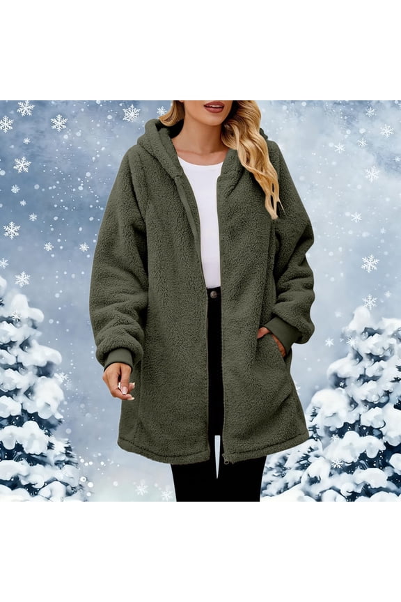 Women's Hooded Double Sided Fleece Coat, Mid Length Plush Jacket, Full Zip Front Long Sleeve Outerwear, Soft Brushed Lining Casual Coat, Warm Everyday Wear with Hood Blackish Green XXXL