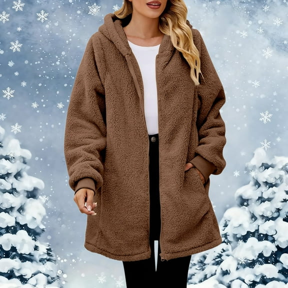 Women's Hooded Double Sided Fleece Coat, Mid Length Plush Jacket, Full Zip Front Long Sleeve Outerwear, Soft Brushed Lining Casual Coat, Warm Everyday Wear with Hood Brown XXXXXL
