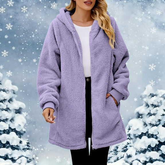 Women's Hooded Double Sided Fleece Coat, Mid Length Plush Jacket, Full Zip Front Long Sleeve Outerwear, Soft Brushed Lining Casual Coat, Warm Everyday Wear with Hood Purple XXXL